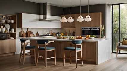 Fototapeta premium A family-friendly kitchen filled with fresh fruits and inviting seating arrangements