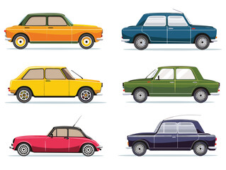 Fototapeta premium Retro automobiles collection vintage style isolated white background. Colorful 2door, 4door cars side view vibrant hues. 60s, 70s cars design diverse angles artistic illustration. Classic car models