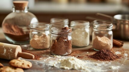 A set of artisanal baking powders displayed in small glass jars on a rustic kitchen counter. The jars contain cocoa powder, cinnamon, baking soda, and flour, ready for a delicious baking session