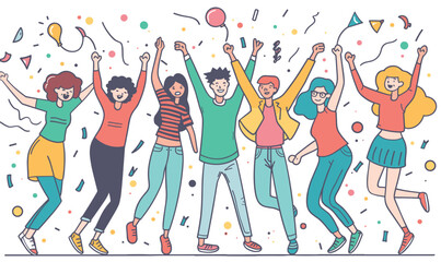 Animated diverse youth celebrating, throwing hands up, confetti background. Cartoon mixedgender teens jumping, balloons flying, festive atmosphere. Colorful millennial crowd partying, dancing
