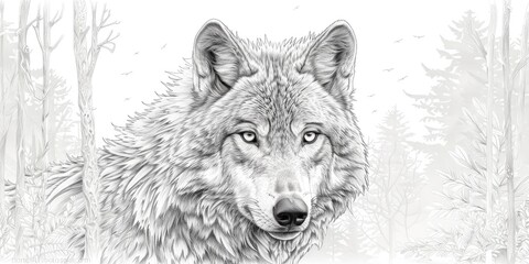 Detailed Wolf Illustration in Forest Scene