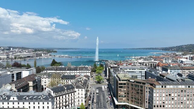 Beautiful city center of Geneva with Lake Leman - aerial view by drone