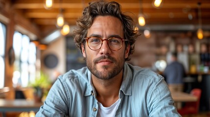 Fototapeta premium Portrait of a man with glasses sitting at a table in a cafe.