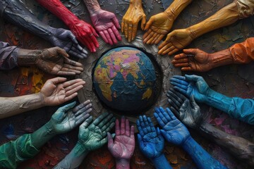 Des mains de diverses couleurs et origines se rejoignant autour d'un globe terrestre 