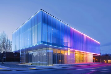 A modern, glass-clad building illuminated with vibrant lights stands in the twilight, highlighting its sleek design and inviting atmosphere.