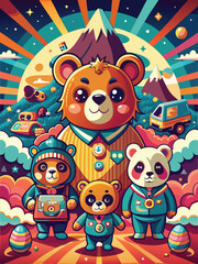 Fototapeta premium Four Adorable Bears with Medals and Easter Eggs in a Retro-Inspired Landscape