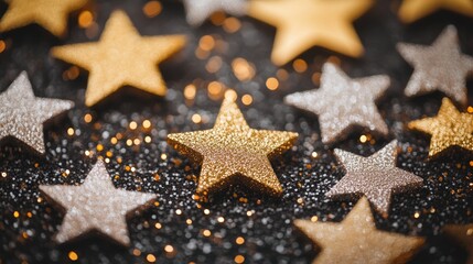 A close-up image of gold and silver stars scattered on a black glitter background symbolizing success, achievement, celebration, hope, and dreams.