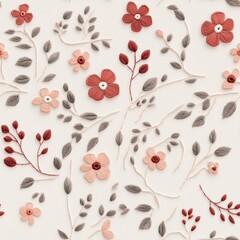 Delicate 3D Floral Embroidery Art with Subtle Colors on Light Background | Modern Textile Design with Detailed Embroidered Flowers and Leaves, Generative Ai