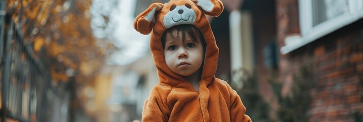 Young boy wearing a rabbit costume going door to door for Halloween