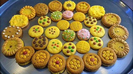 Obraz premium An Assortment of Colorful and Decorated Cookies on a Blue Plate