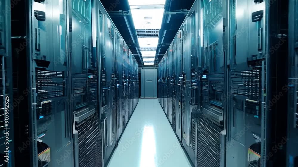 Poster camera moving through server racks in a data center generative ai