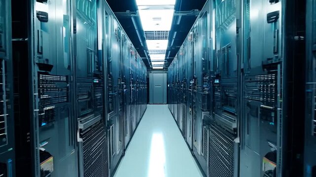 Camera Moving Through Server Racks in a Data Center Generative AI