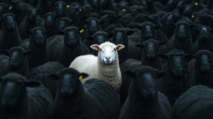 Obraz premium A lone white sheep stands out amongst a crowd of black sheep. It represents individuality, uniqueness, and the importance of being yourself.