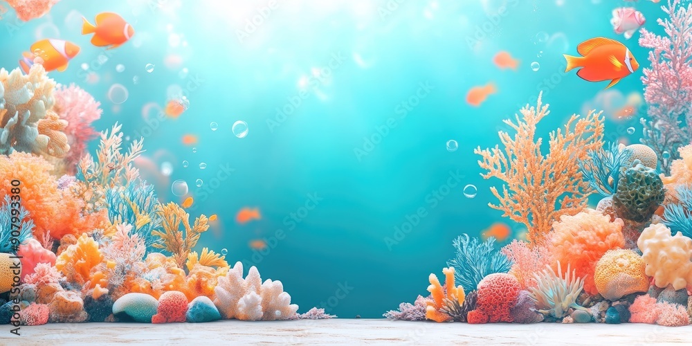 Sticker Colorful Coral Reef with Orange Fish and Bubbles