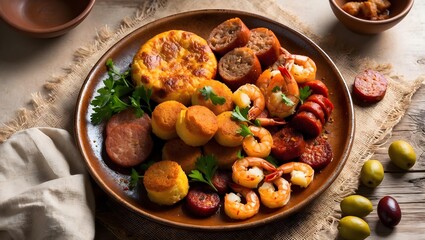 A plate of tapas with various Spanish delicacies. Restaurant Food Menu Image.