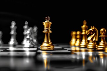 Golden Chess King Standing Out Among Silver Pawns on a Chessboard