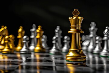 Golden Chess King Standing Out Among Silver Pawns on a Chessboard