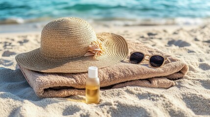 A straw sun hat, sunglasses, and a bottle of sunscreen rest on a folded beach towel, symbolizing relaxation, protection, and enjoyment of the summer sun.
