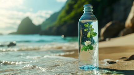 Obraz premium A glass water bottle filled with fresh water and a small plant sits on a sandy beach, symbolizing sustainable living, eco-friendly practices, environmental responsibility, and a connection to nature.