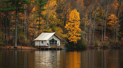 Obraz premium Tent in the autumn forest. Camping in the forest.