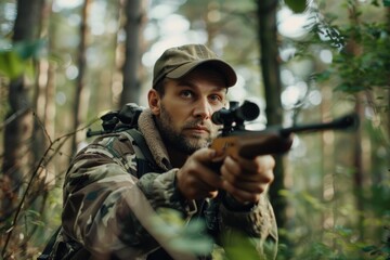 Fototapeta premium hunter with a gun in the autumn vibrant sunny forest, banner with copy space
