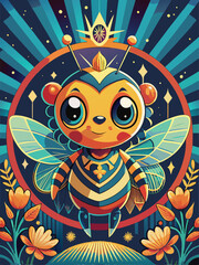 A Cartoon Bee with Big Eyes and Wings, Wearing a Yellow and Blue Outfit, Surrounded by Flowers and a Starry Background