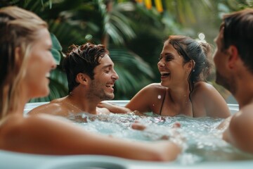 Joyful Jacuzzi Time. Group of friends laughing and enjoying a summery day in a jacuzzi surrounded by nature