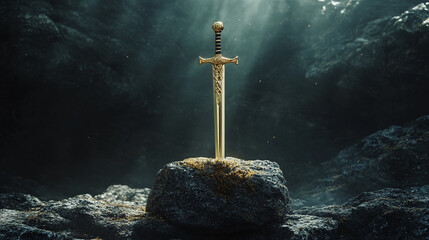Naklejka premium A golden sword embedded in a stone