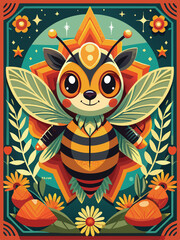 A whimsical cartoon bee with large eyes and wings, surrounded by flowers and stars