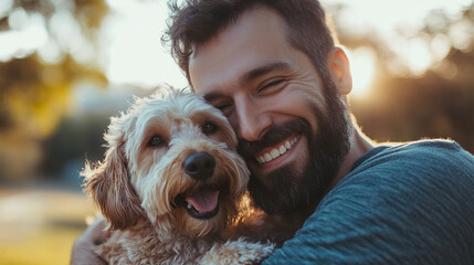 A happy pet owner with their dog. pet owner dog happy love animal companionship outdoors portrait bond friendship.