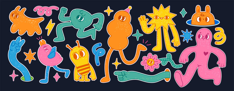 Funny abstract characters. Cartoon comic shape with faces and different emotions. Retro funky strange animal, flower. Amorphous psychedelic character vector set.
