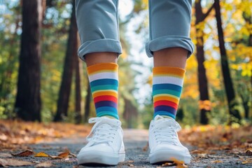Man Showcasing White Sneakers and Rainbow Socks. Close-up view of a man's legs dressed in white sneakers