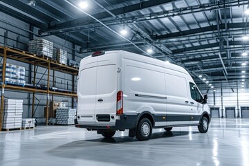 Fototapeta premium Modern Delivery Van in Warehouse. A white cargo van inside a well-lit industrial warehouse