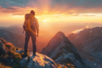 Obraz premium Mountain Adventure at Sunset. Hiker's journey on mountain trail at sunset