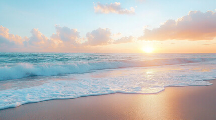A serene beach sunrise. beach sunrise serene ocean waves sky horizon calm peaceful sand.