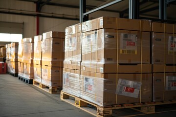 Parcels on pallets ready for transport inside a warehouse hangar. Retail company logistics with labeled boxes