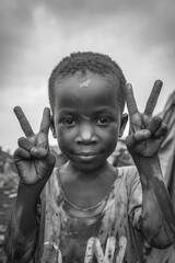 hyper realistic Cowboy Shot in black and white of an dirty faced african boy in a dirty area showing the peace sign in the style of happycore