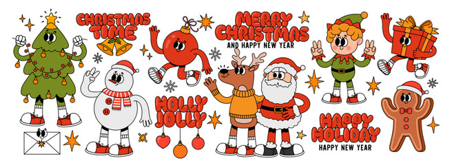 Christmas characters. Cartoon groovy 70s holiday mascots. Merry Christmas and Happy New Year. Comic Santa Claus, deer and snowman, elf and Christmas tree, gingerbread. Vector 60s winter holiday set.