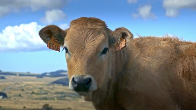 Close-Up of a Cow Staring in the Aubrac Countryside France &ndash; High Definition Footage