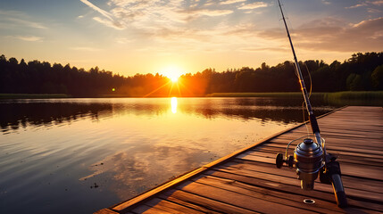 Serene Morning Fishing: Engaging with Nature's Splendor through a High-Quality Fishing Rod by the Lakeside