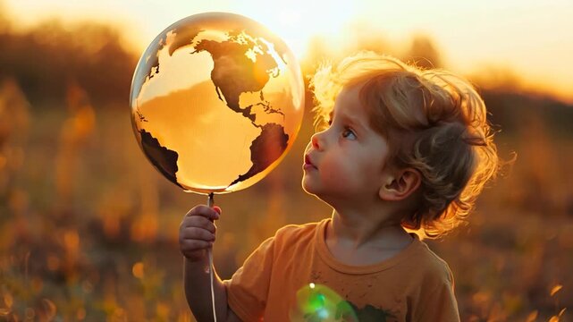 happy wonder boy looking at balloon with world map pattern on it walking in grass field outdoor landscape 