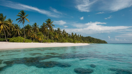 Fototapeta premium Tropical beach with white sand, coconut trees and clear blue sea water.