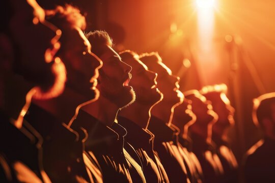 Profile view of a male choir singing passionately on stage under warm lighting