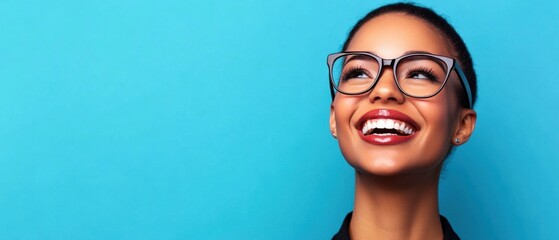 Smiling Woman with Glasses on Blue Background. Generative ai