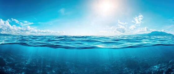 Ocean Surface and Underwater View with Mountain Background. Generative ai