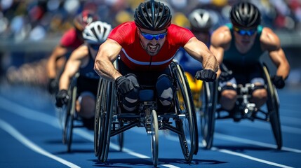 Three wheelchair racers push their limits on the track, demonstrating athleticism, determination, and teamwork. They symbolize inclusivity, overcoming challenges, and the pursuit of excellence.