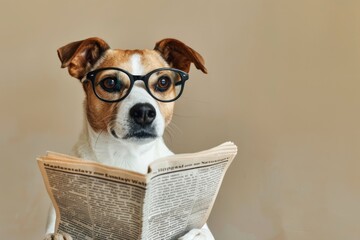 Smart dog wearing glasses reading blank mockup newspaper
