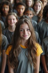 Fototapeta premium many young teenagers together wearing gray shirts and just one happy teenager standing out from the rest