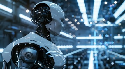 Fototapeta premium A sleek, humanoid robot patrolling a high-tech facility, equipped with advanced sensors and weaponry.