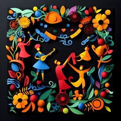 Obraz premium Vibrant Papercut Musicians in Colorful New Year Frame Border with Textures and Details